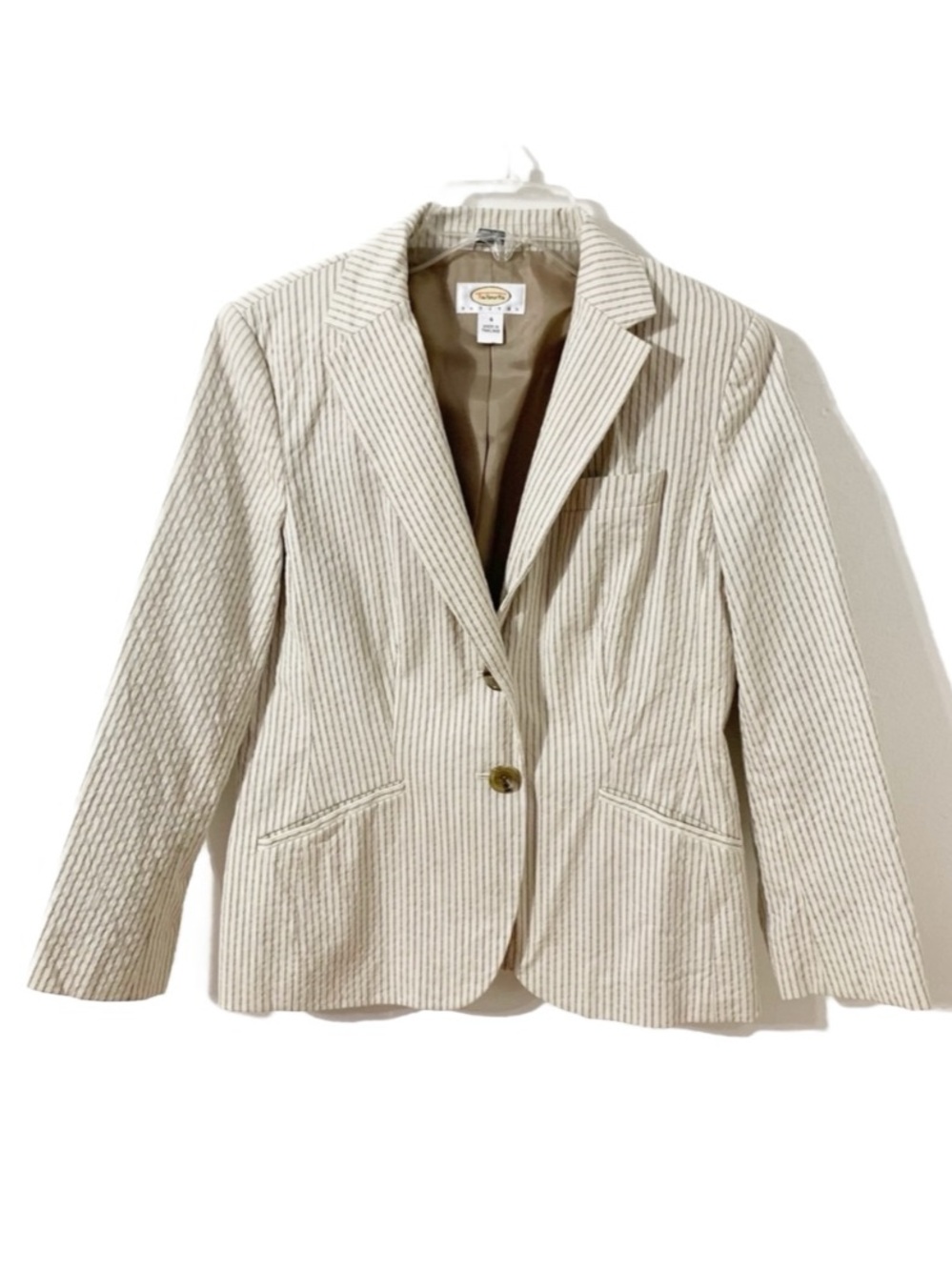 Talbots Striped Seersucker Button Front Fully Lined Summer Weight Blazer Pockets